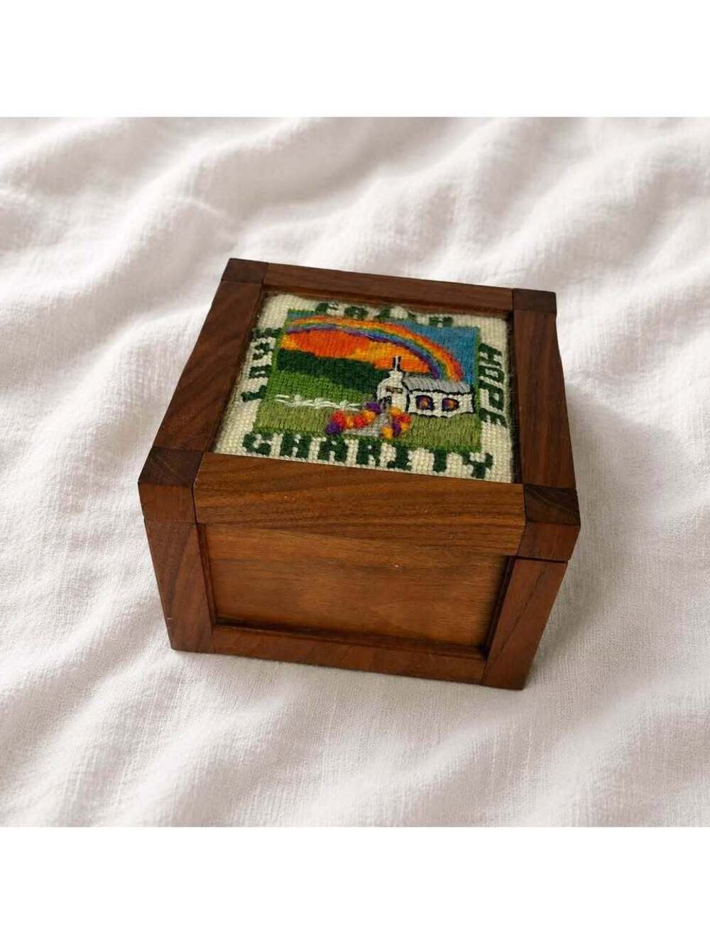 Vintage 1980 Dimensions Needlepoint Wood Box Faith Hope Love Charity Rainbow